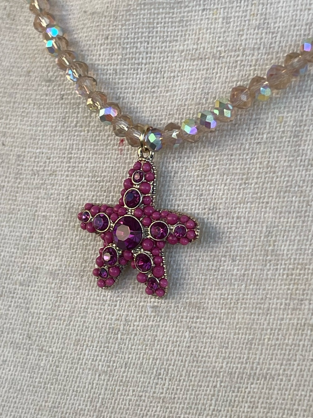 Pink Rhinestone Starfish Pendant Necklace Champagne Glass AB Beaded Chain